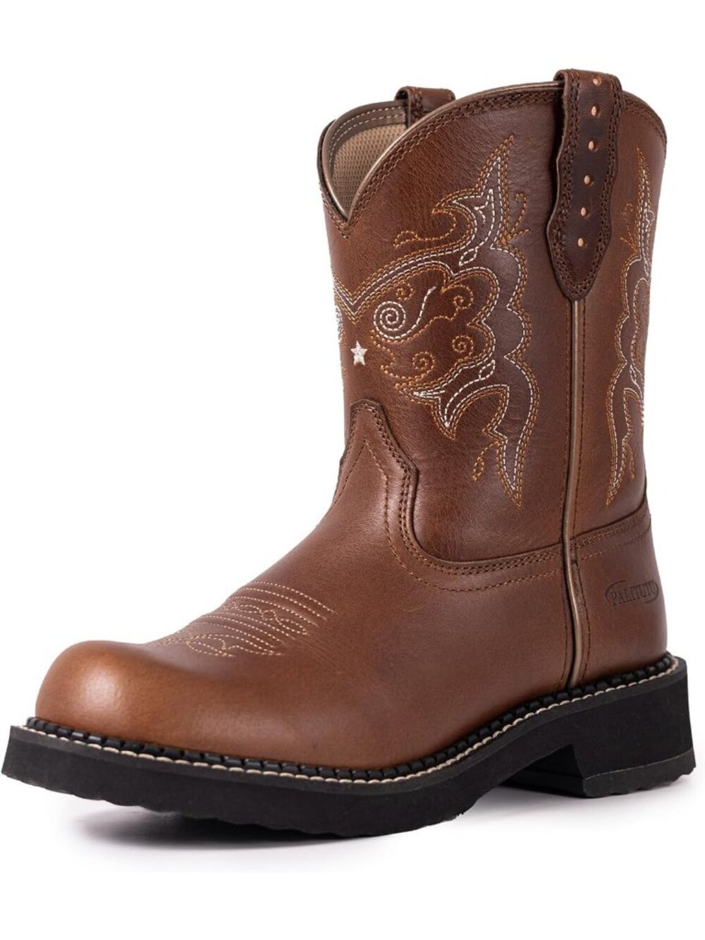 Women's Brown Cowboy Boot Premium Full Grain Leather Embroidered Round Wide Toe